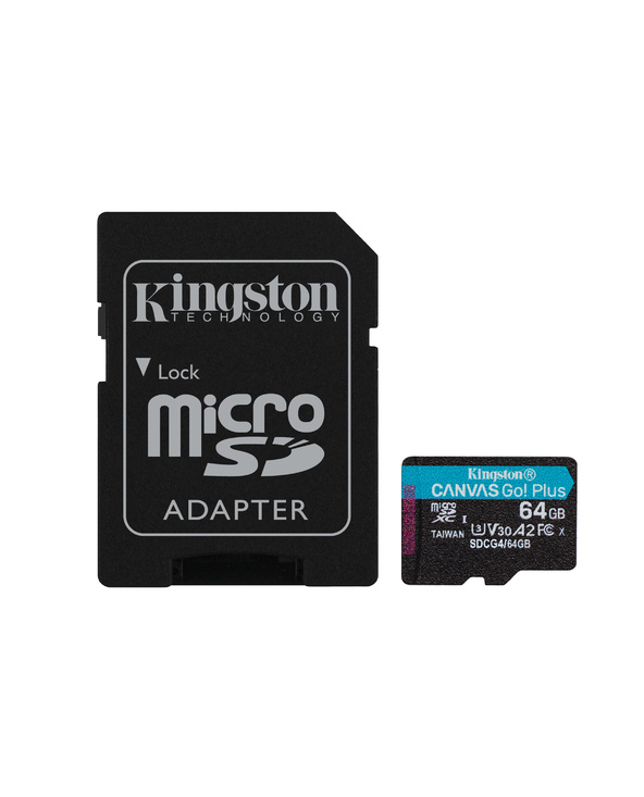 Kingston Technology Carte microSDXC Canvas Go Plus Gen4 200 Mo/s A2 U3 V30 64 Go + adaptateur