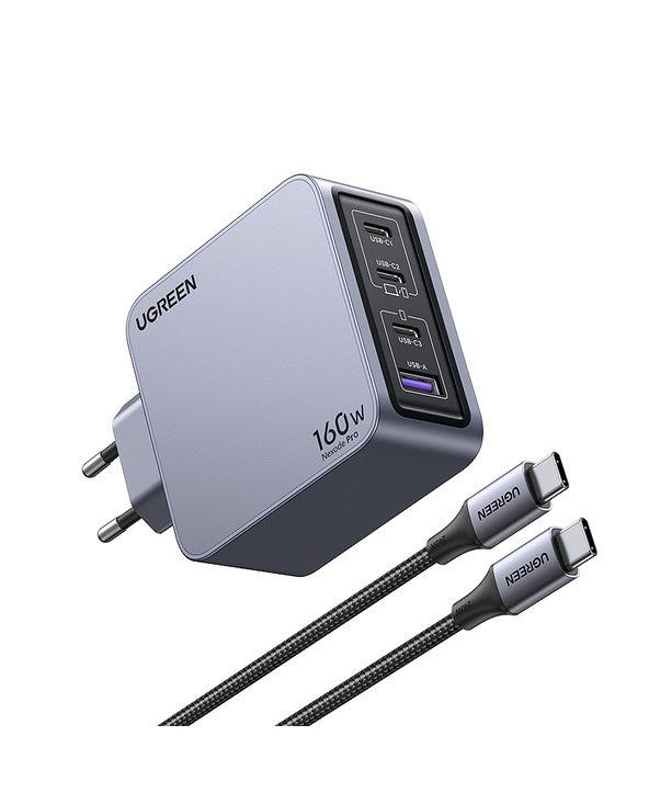 Ugreen Nexode Pro 160W GaN Charger with USB-C Cable Universel Noir, Gris Secteur Charge rapide Intérieure