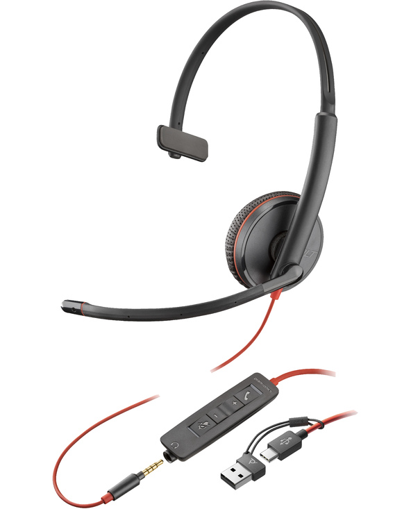 POLY Micro-casque Blackwire 3215 monaural USB-C + connexion 3,5 mm + adaptateur USB-C/A