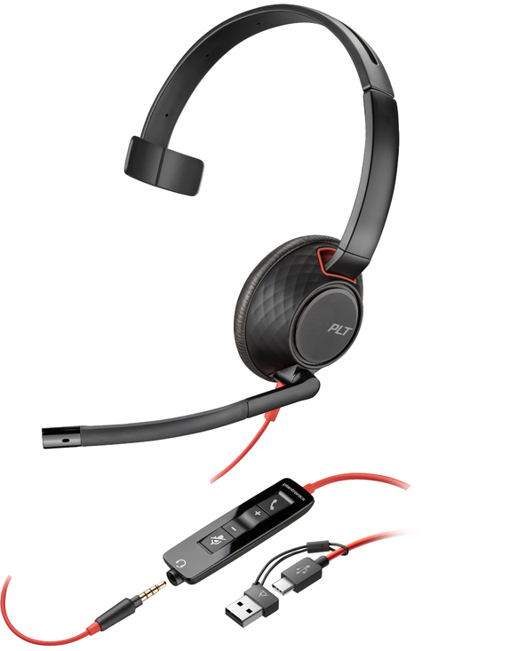 POLY Micro-casque monaural USB-C Blackwire 5210 + prise 3,5 mm + adaptateur USB-C/A (lot)
