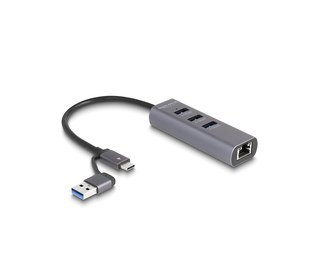 DeLOCK Hub de 3 ports USB 5 Gbps + Gigabit LAN avec connecteur USB Type-C ou USB Type-A dans un boitier métallique