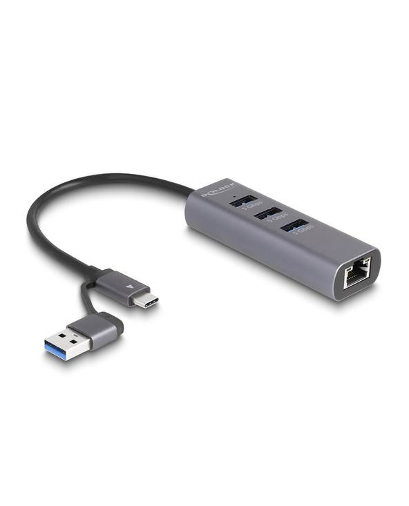 DeLOCK Hub de 3 ports USB 5 Gbps + Gigabit LAN avec connecteur USB Type-C ou USB Type-A dans un boitier métallique