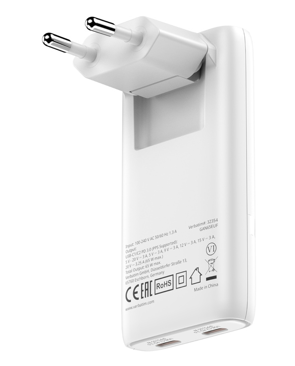 Verbatim 32355 chargeur d'appareils mobiles Ordinateur portable, Smartphone, Tablette Blanc Secteur Charge rapide Intérieure