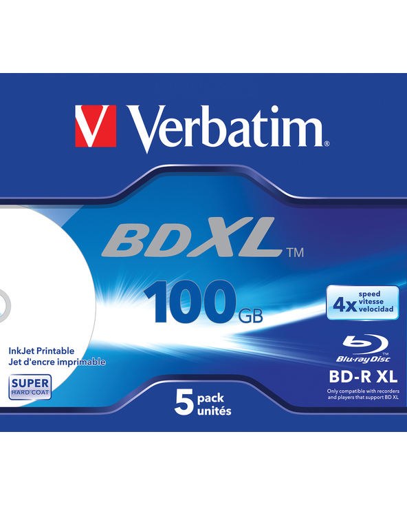 Verbatim BD-R XL 100 Go* 4x Wide Inkjet Printable Boîtier avec lot de 5 Verbatim BD-R XL 100 Go* 4x Wide Inkjet Printable Boîtier avec lot de 5