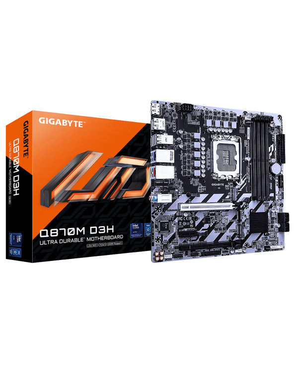 GIGABYTE Q870M D3H Carte Mère - Processeurs Intel Core Ultra (Série 2), VRM 4+1+2 phases, jusqu’à 9066MHz DDR5 (O.C), 2xPCIe 4.0