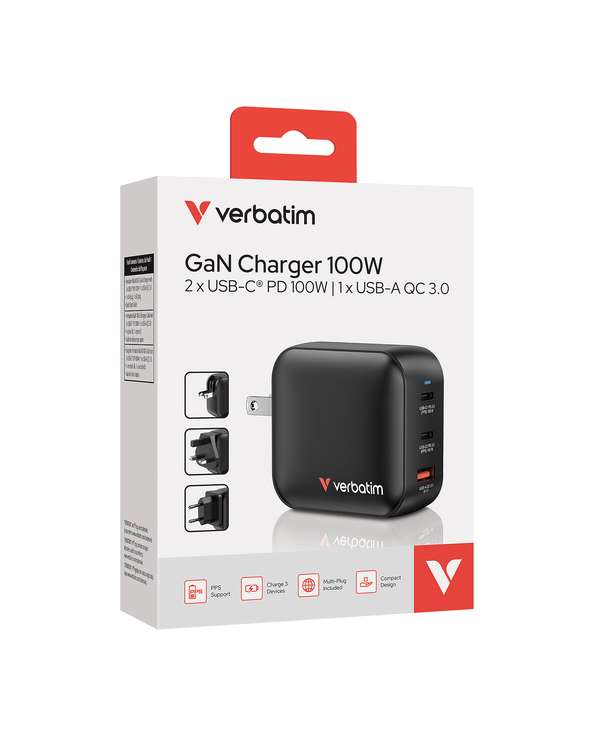 Verbatim GaN Charger 100W Universel Noir Secteur Charge rapide Intérieure