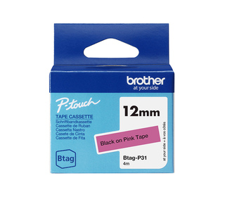 Brother BTAG-P31 – Ruban adhésif noir sur rose, 12 mm de large, non laminé