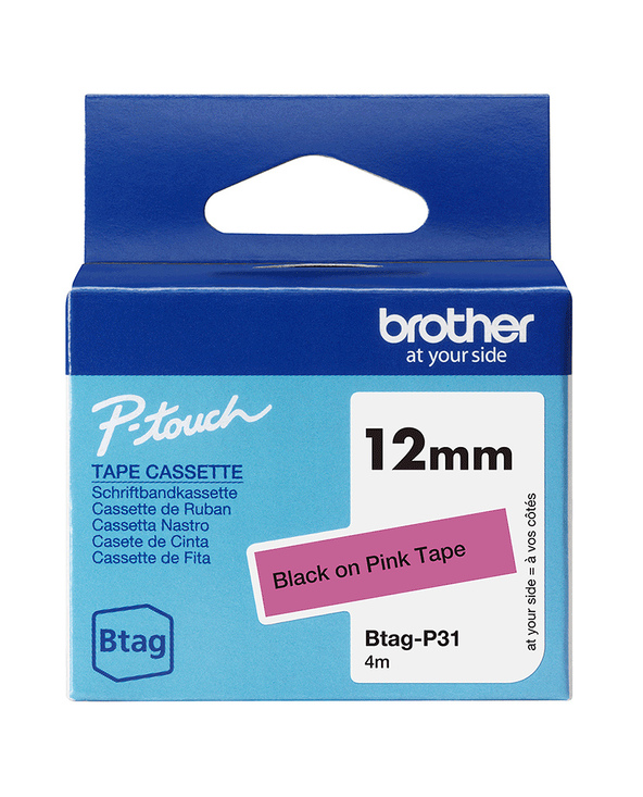 Brother BTAG-P31 – Ruban adhésif noir sur rose, 12 mm de large, non laminé