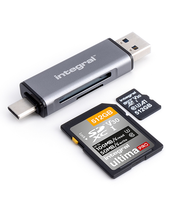 Integral INCRUSB3.2ACSDMSDR lecteur de carte mémoire USB 3.2 Gen 1 (3.1 Gen 1) Type-A/Type-C Noir, Argent