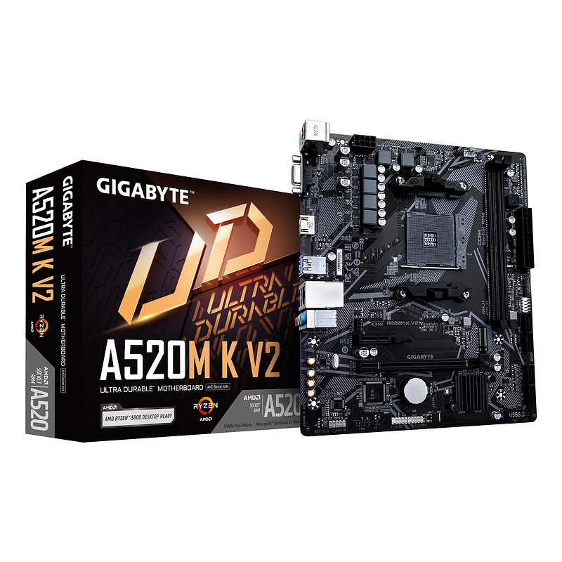 GIGABYTE Carte mère A520M K V2 - Prend en charge les processeurs AMD Ryzen série 5000 AM4, jusqu'à 5100MHz DDR4 (OC), PCIe Gen3 