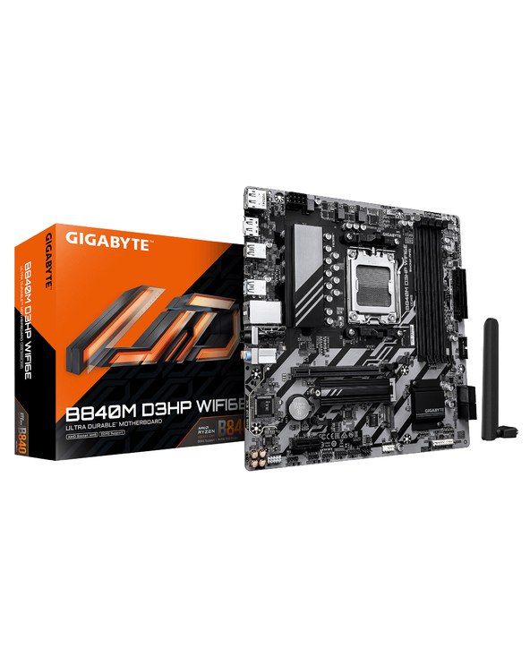 GIGABYTE B840M D3HP WIFI6E Carte Mère – Processeurs AMD Ryzen 9000, VRM 8+2+2 phases, jusqu’à 8200 MHz DDR5 (O.C.), 2× M.2 PCIe 