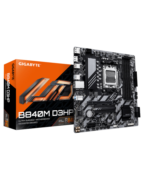 GIGABYTE B840M D3HP Carte Mère – Processeurs AMD Ryzen 9000, VRM 8+2+2 phases, jusqu’à 8200 MHz DDR5 (O.C.), 2× M.2 PCIe 4.0, LA