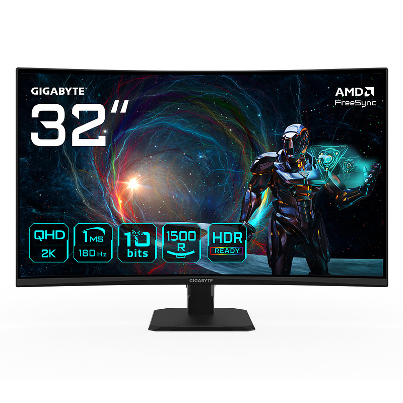 GIGABYTE GS32QCA 31,5" MONITEUR GAMING INCURVÉ QHD - 2560 X 1440, 180HZ, 1MS, 250 CD/M², FREESYNC, HDR READY, HDMI 2.0, DISPLAYP