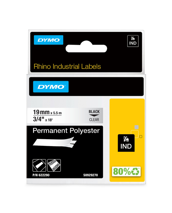DYMO Rhino étiquettes industrielles autocollantes en polyester | 19 mmx3,5 m | impression en noir sur fond transparent