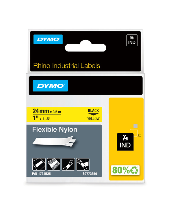DYMO Rhino Étiquettes industrielles | Nylon flexible | rouleau de 24 mmx3,5 m | autocollantes impression en noir sur fond jaune 