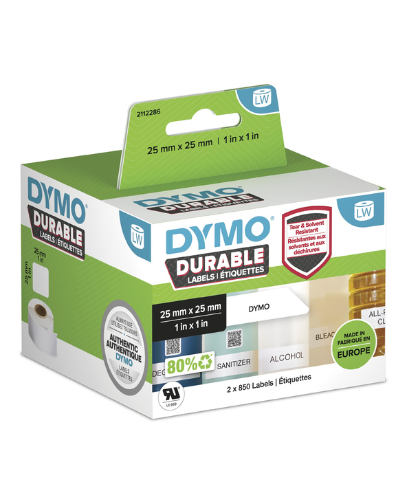 DYMO LW Étiquettes industrielles résistantes | authentique | plastique blanc | 25x25 mm | 2 rouleaux de 850 (lot de 1.700) | pou