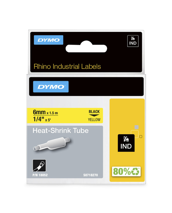 DYMO Rhino gaines thermorétractables industrielles | 6 mmx1,5 m | Impression en noir sur fond jaune | pour étiqueteuses Rhino