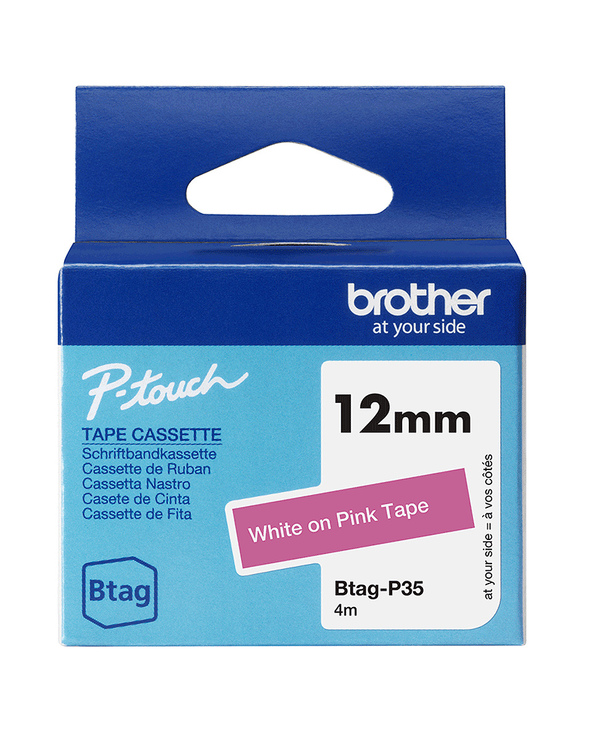 Brother BTAG-P35 – Ruban adhésif Brotherblanc sur rose, 12 mm de large, non laminé