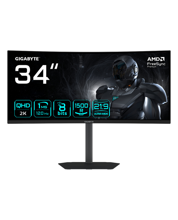 GIGABYTE GS34WQCA ÉCRAN GAMING INCURVÉ 34" WQHD – 3440 X 1440, 1500R, 120HZ, 1MS, 300 CD/M², FREESYNC PREMIUM, HDR READY, HDMI 2