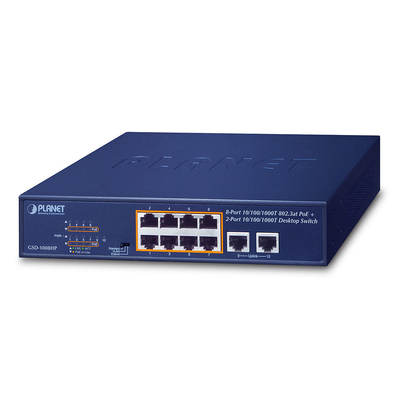 PLANET GSD-1008HP commutateur réseau Non-géré Gigabit Ethernet (10/100/1000) Connexion Ethernet, supportant l'alimentation via c