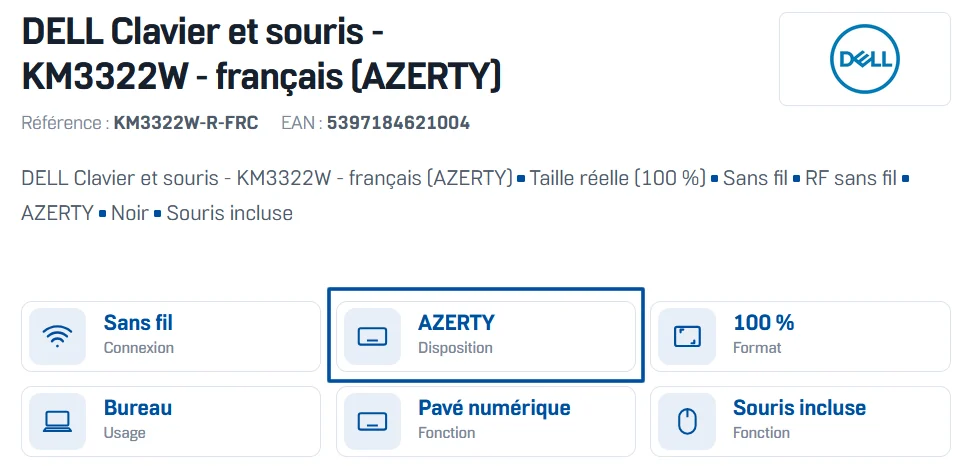 Fiche produit : la disposition AZERTY indiquée dans le titre et dans la pastille « Disposition »