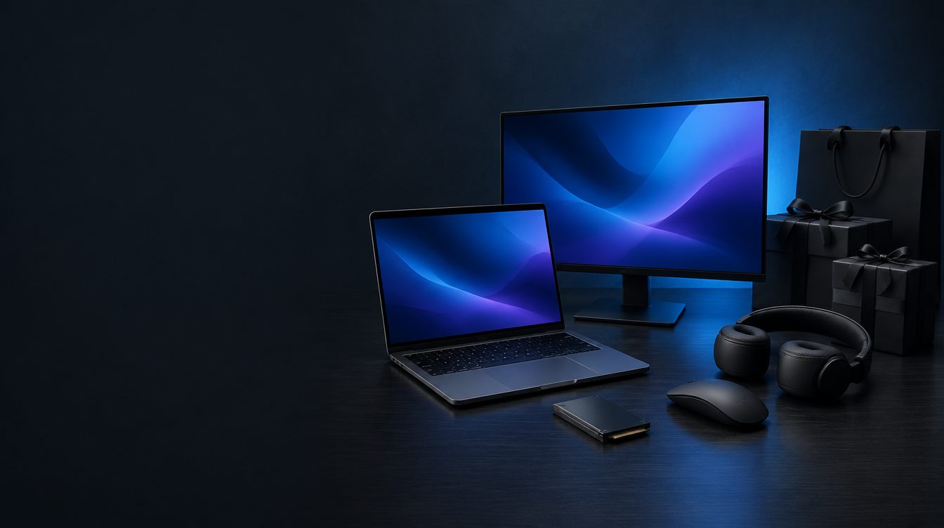 PC portable, écran, SSD, souris et casque posés à côté de paquets cadeaux noirs sur un bureau sombre