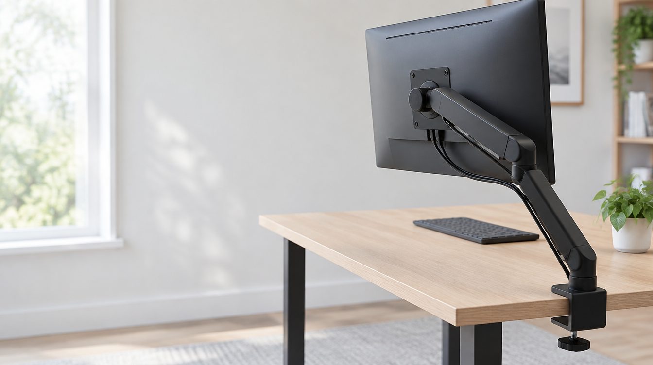 Écran PC vu de dos, fixé par sa platine VESA à un bras articulé serré au bord d'un bureau en bois
