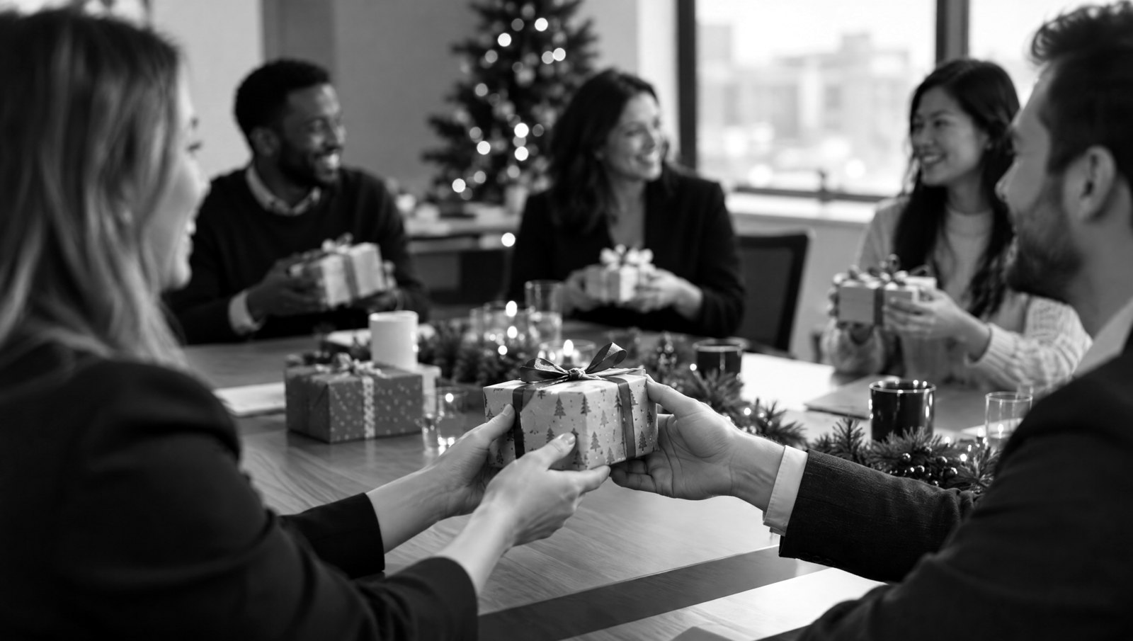 Collègues échangeant des cadeaux en fin d'année, photo noir et blanc
