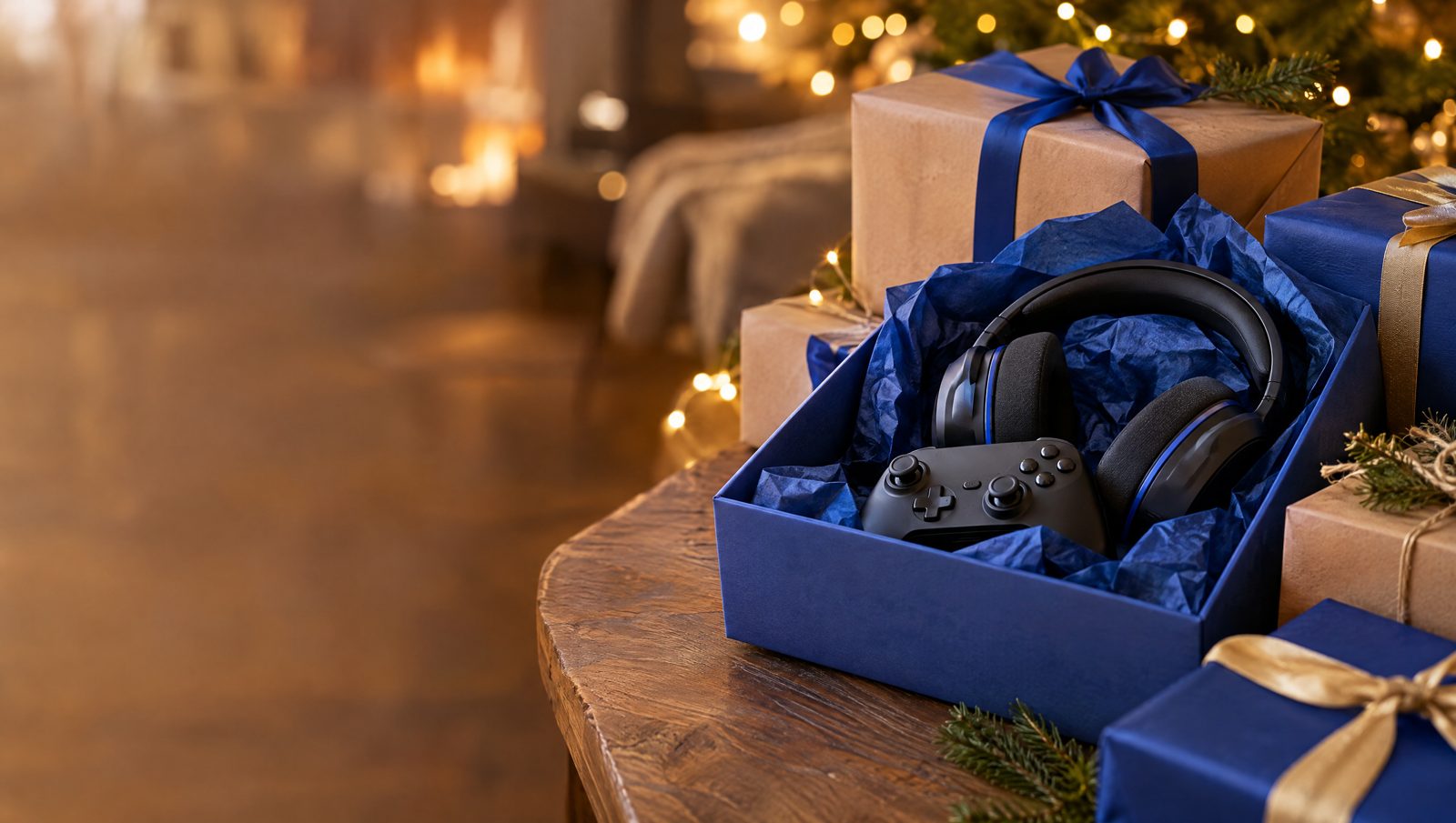 Paquets cadeaux ouverts avec un casque et une manette
