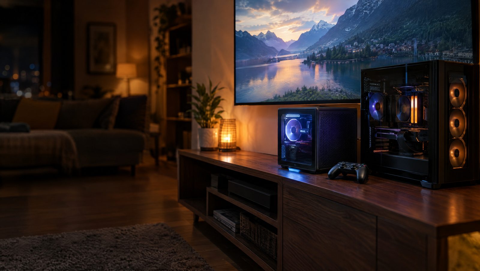 Mini PC de salon et PC gamer tour sous un téléviseur