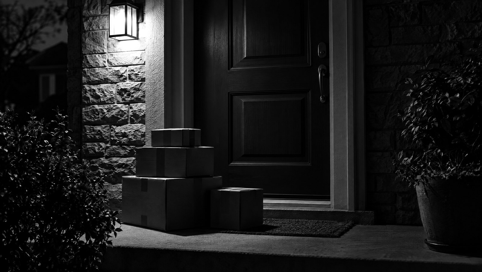Colis livrés devant une porte la nuit, photo noir et blanc