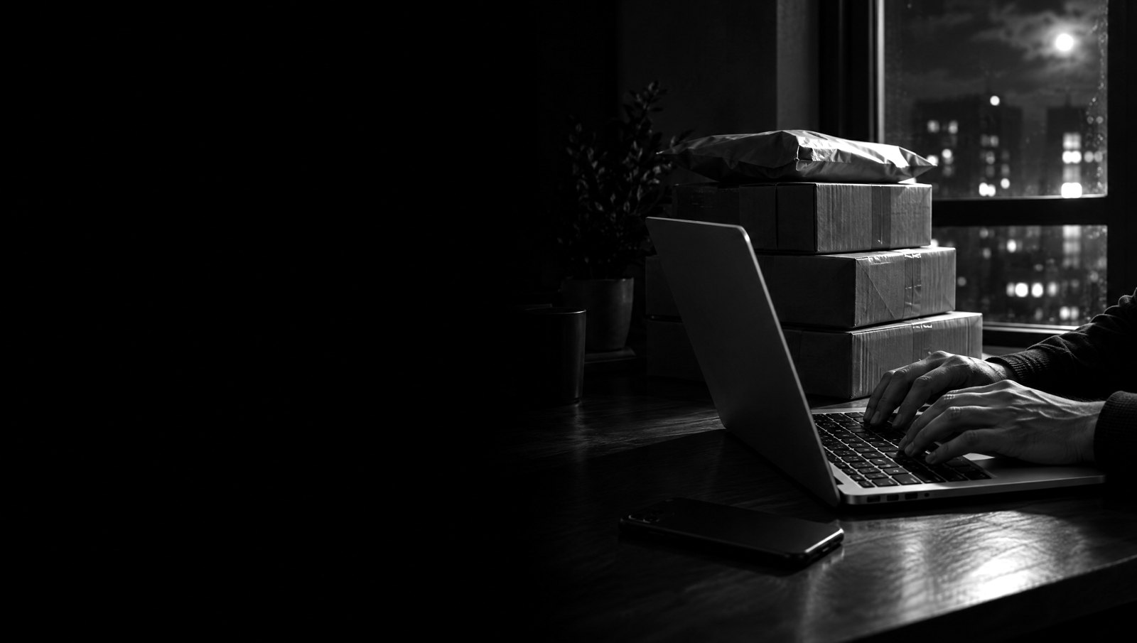 Mains sur un PC portable la nuit à côté de colis, photo noir et blanc