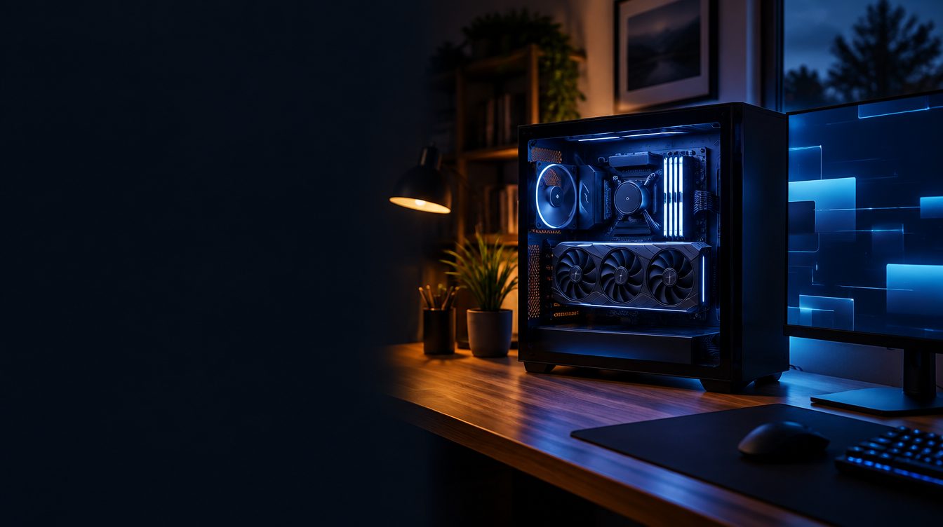 PC de bureau à panneau vitré avec carte graphique, à côté d'un écran, dans un bureau le soir