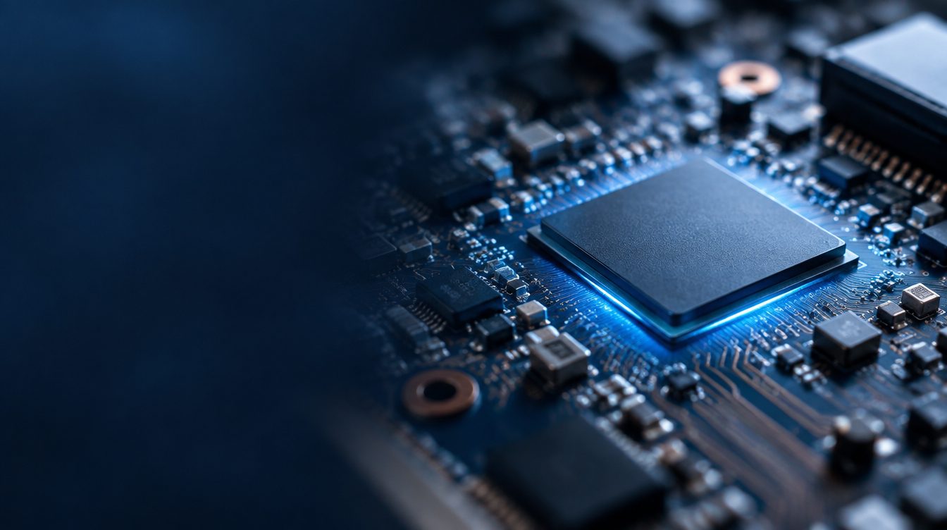 Gros plan d'un processeur soudé sur la carte mère d'un PC portable, éclairé d'une lueur bleue