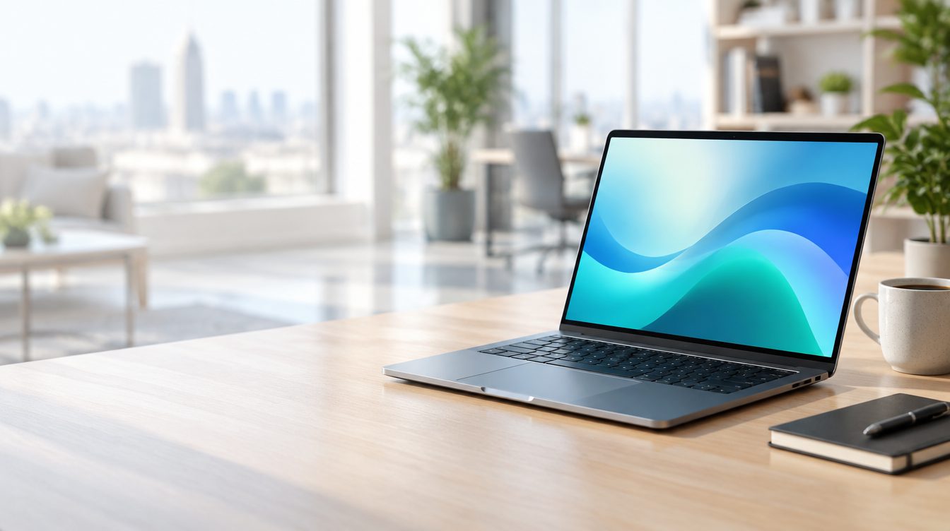 PC portable fin ouvert sur un bureau en bois dans un bureau lumineux