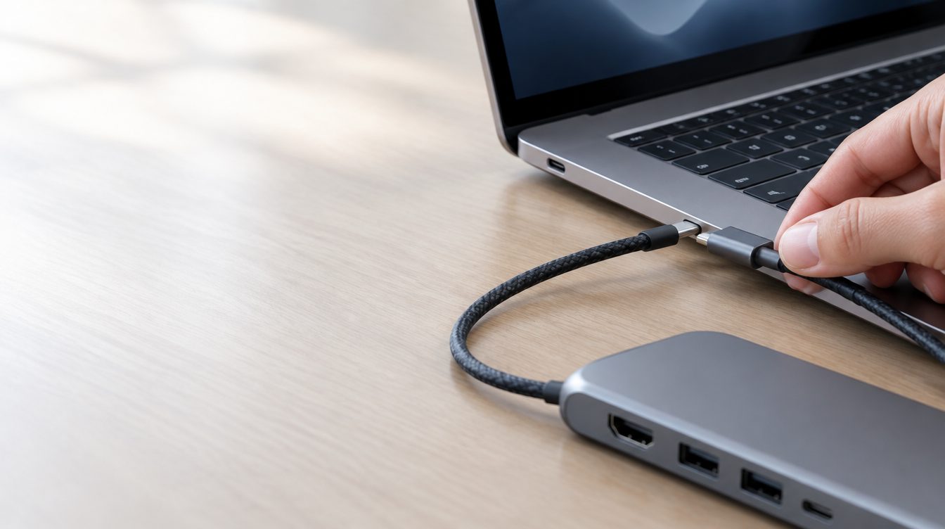 Câble USB-C branché entre un PC portable et une station d'accueil