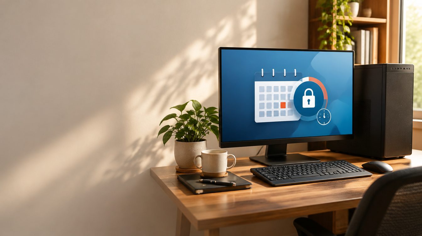 PC de bureau sous Windows 10 avec un calendrier et un cadenas à l'écran