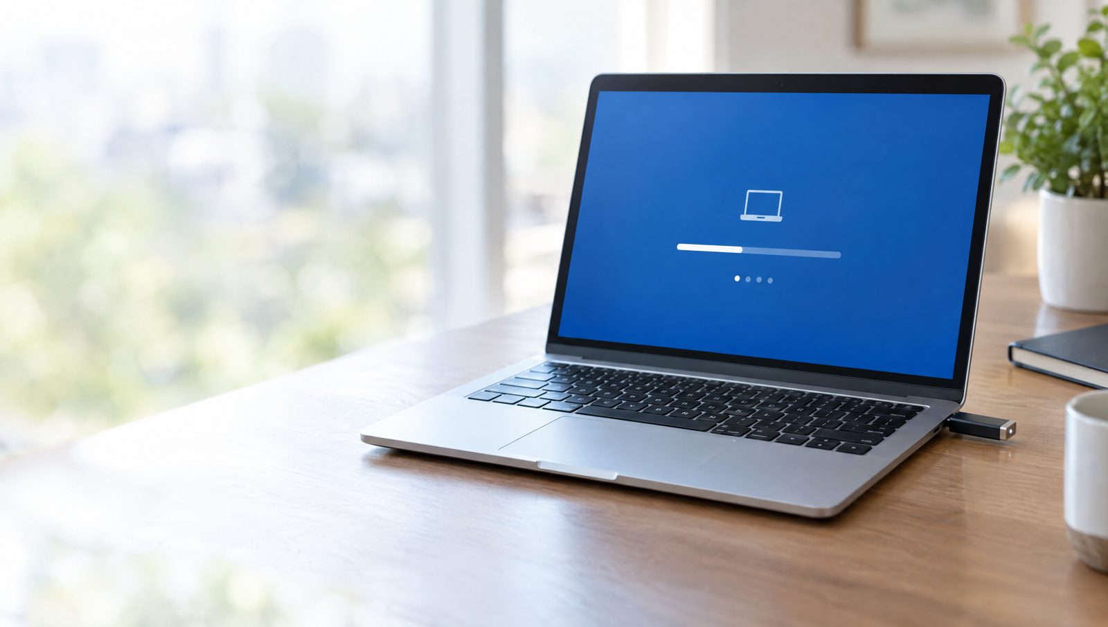 PC portable en cours d'installation avec une clé USB branchée