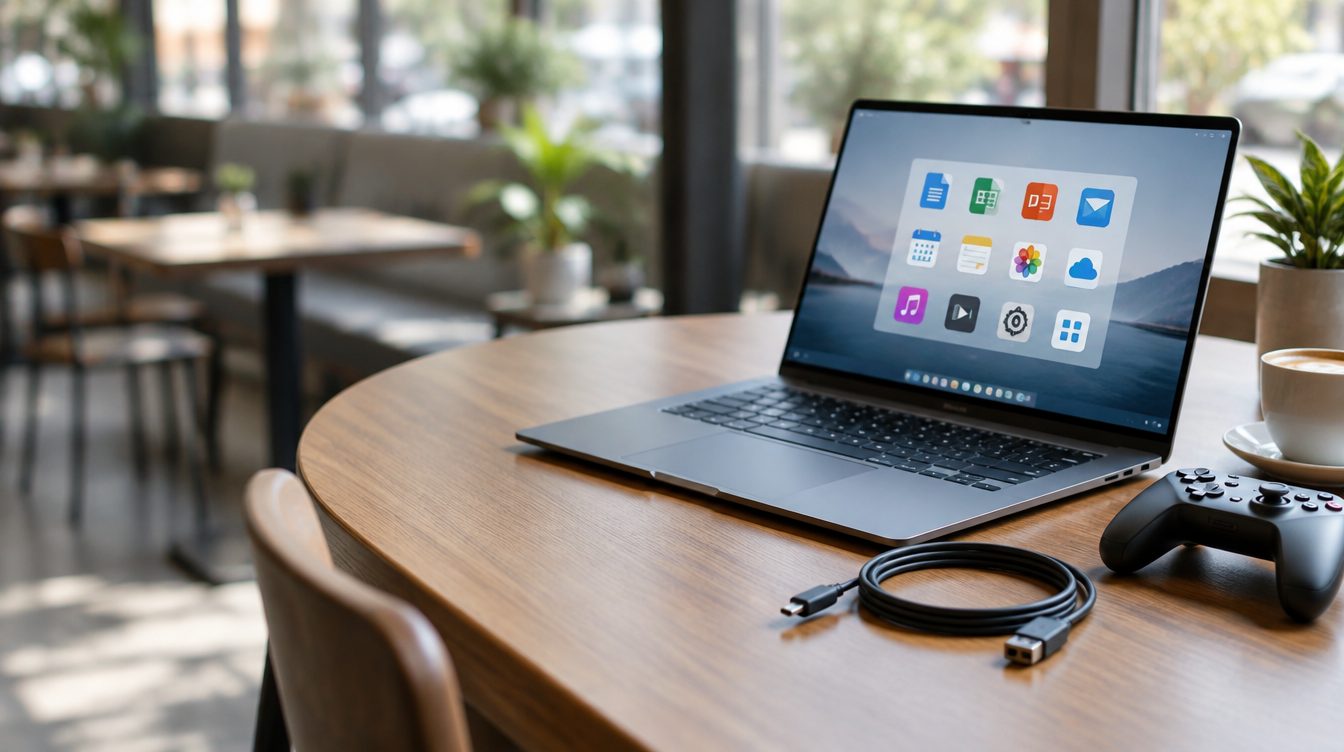 PC portable fin avec une manette et un câble sur une table